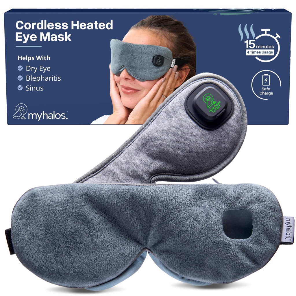 MyHalos Cordless Heated Eye Mask, Rechargeable Warm Compress for Dry Eyes | USB Rechargeable, Washable Cover, Comfort for Styes & Blepharitis, Sinus Relief, Reusable, Cordless, Moist Heat Therapy