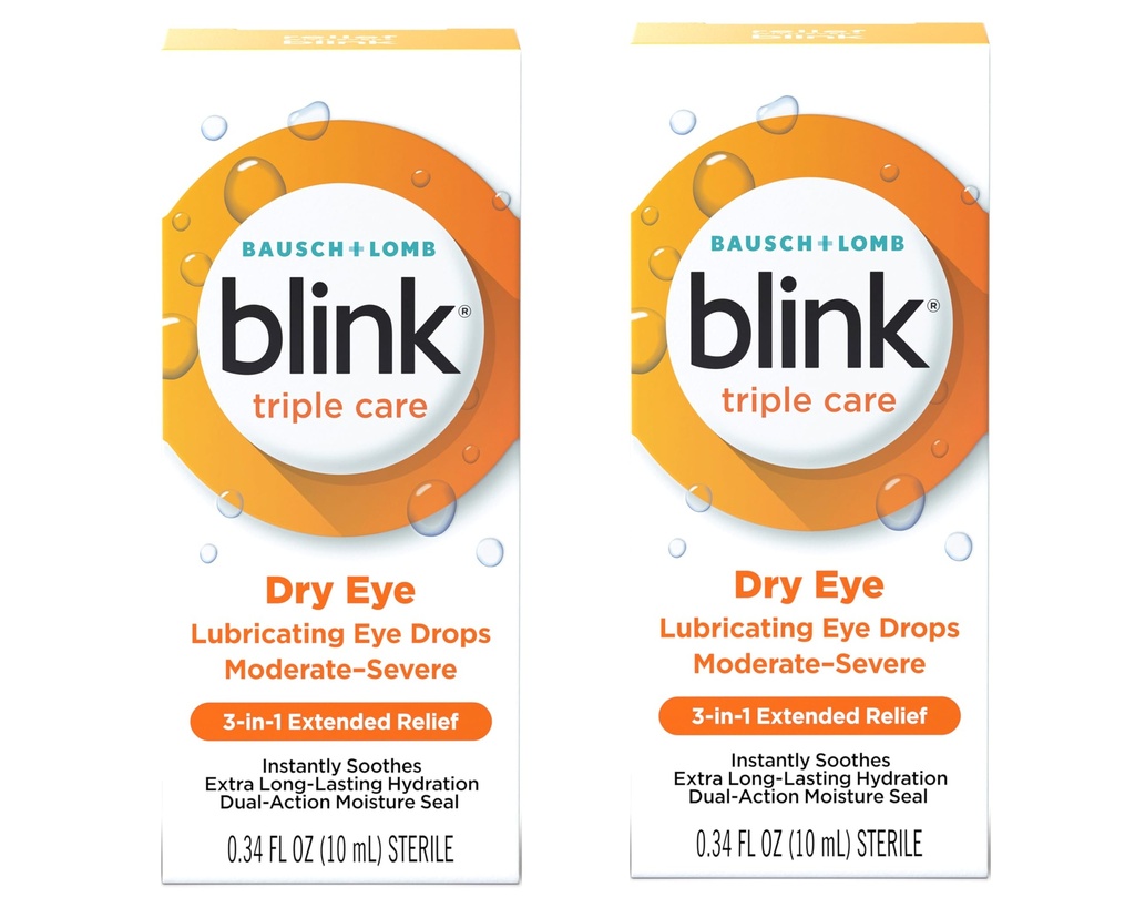 BLINK Triple Care Lubricating Eye Drops – Long-Lasting Hydration for Moderate to Severe Dry Eyes, Moisturizes & Soothes with Hyaluronate, 0.34 Fl Oz (Pack of 2)
