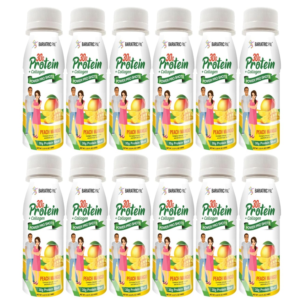 BariatricPal 30g Whey Protein & Collagen Sugar-Free Power Pro Shots - Peach Mango (12 Bottles)