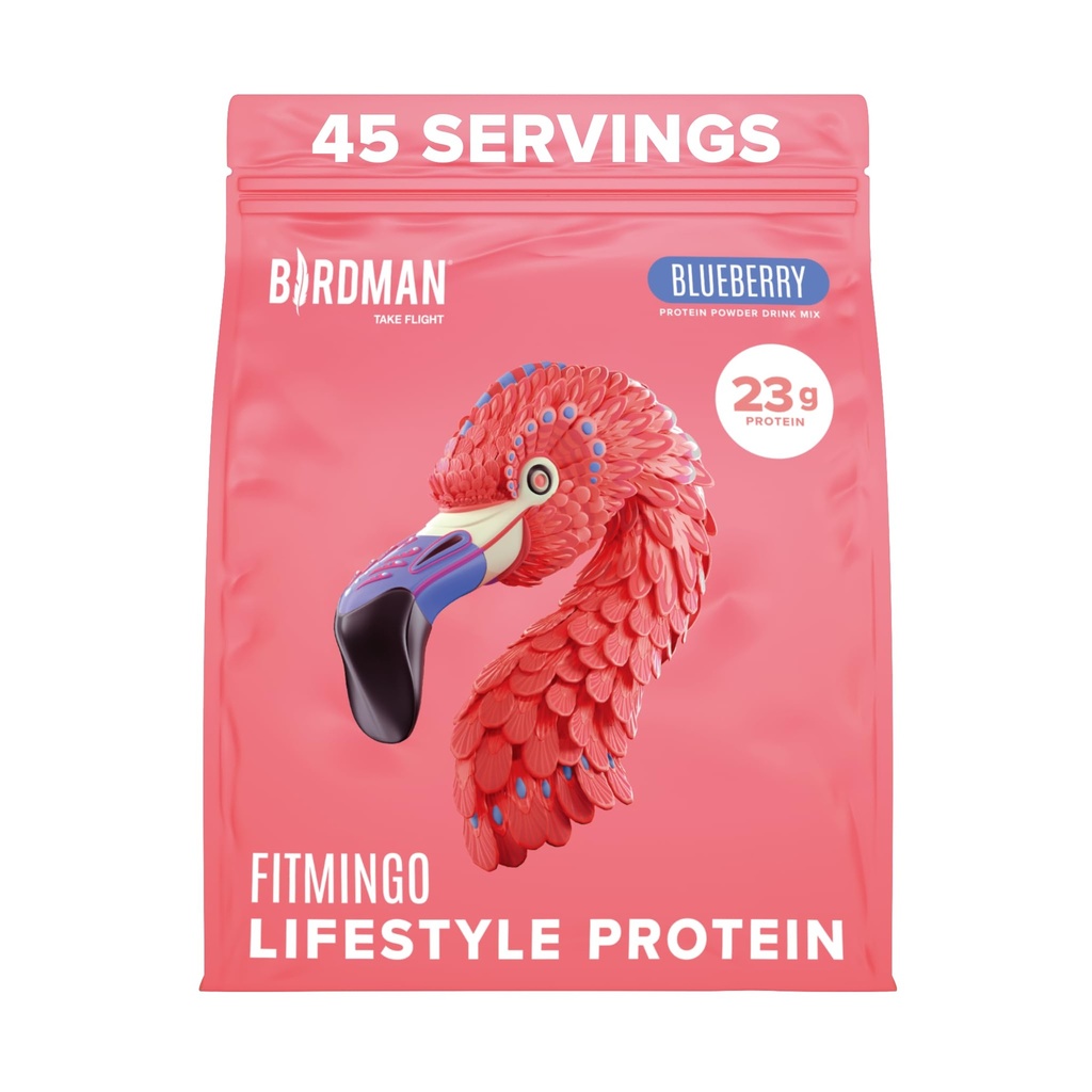 BIRDMAN Fitmingo Vegan Protein Powder with Inositol, Collagen Boosters, Hyaluronic Acid and Vitamins | Low Carb, Dairy Free, Low Calorie | 23g Plant Based Blueberry Protein Powder with Myo-Inositol