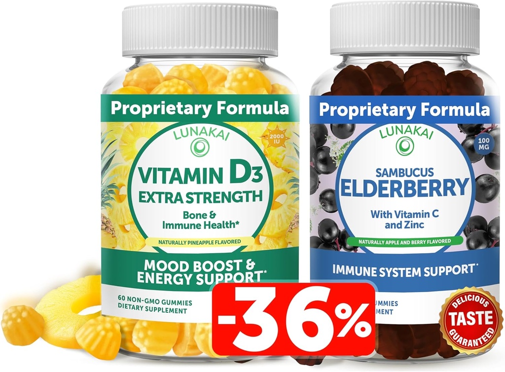 Lunakai Vitamin D3 and Elderberry Gummies Bundle - Ανοσία, οστά και διάθεση συμπλήρωμα υποστήριξης για ενήλικες & παιδιά - μη ΓΤΟ, χωρίς σιρόπι καλαμποκιού, όλα φυσικό ούλα