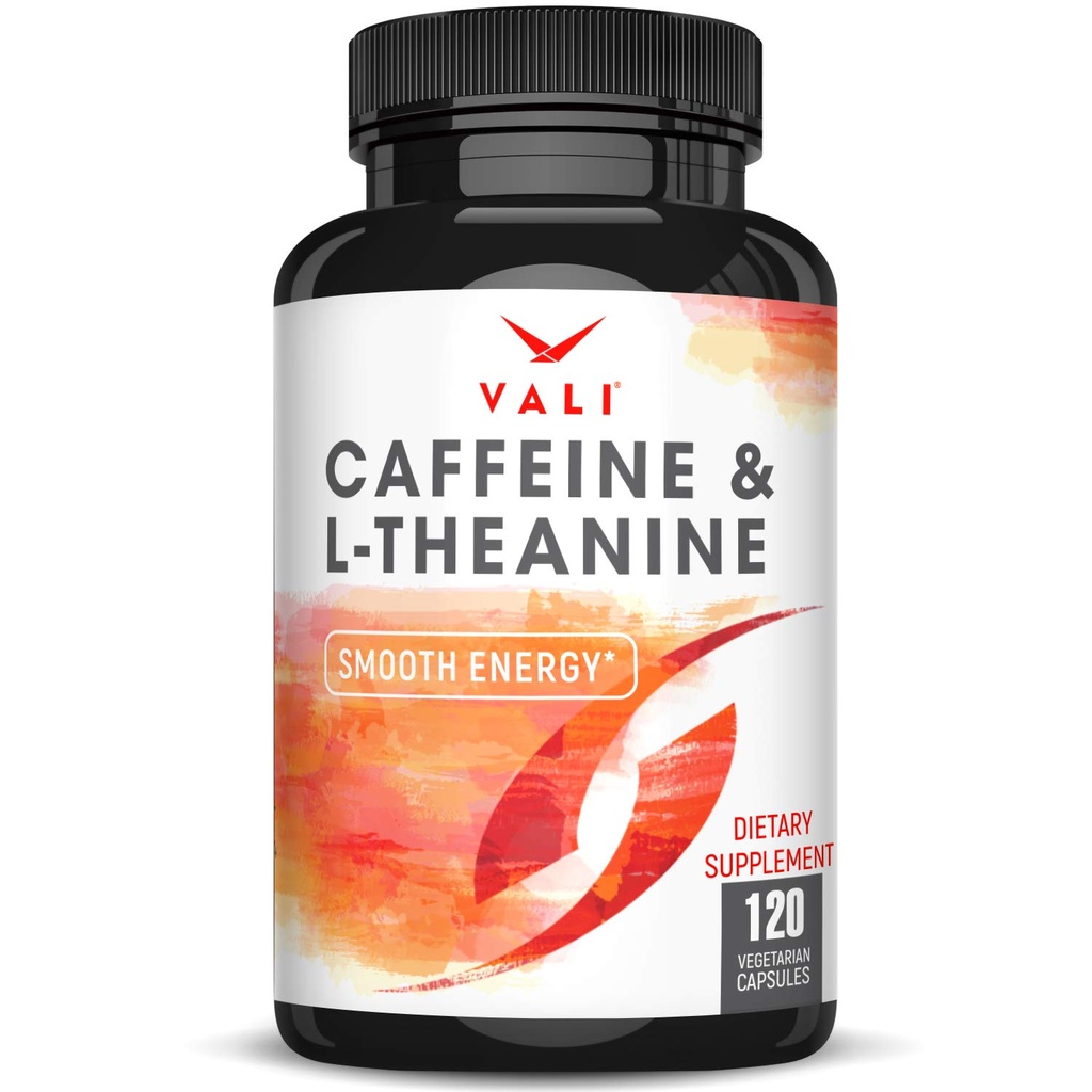 VALI Caffeine 50mg & L Theanine 100mg - Χάπια καφεΐνης & L-Θεανίνη για Smart Smooth Energy & Focus Συμπλήρωμα. Nootropic Brain Booster Γνωστική Στοίβα Υποστήριξης & Επικεντρωμένη σαφήνεια. 120 Κάψουλες Veggie