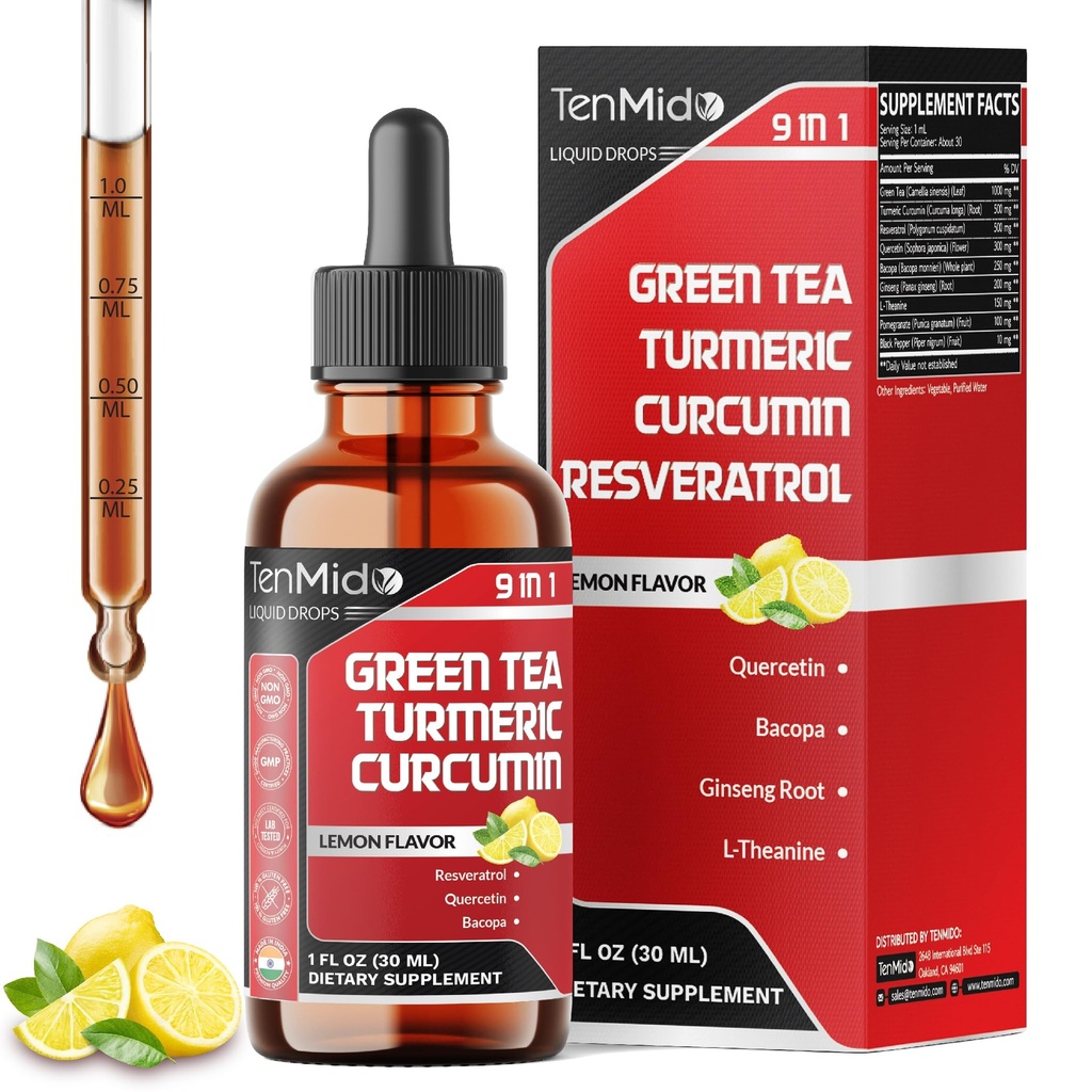 Green Tea Extract Liquid Drops - 9in1 with Turmeric Curcumin, Resveratrol, Quercetin, Bacopa, Panax Ginseng, L-Theanine, Pomegranate and Black Pepper - 30ml 1 Fl Oz