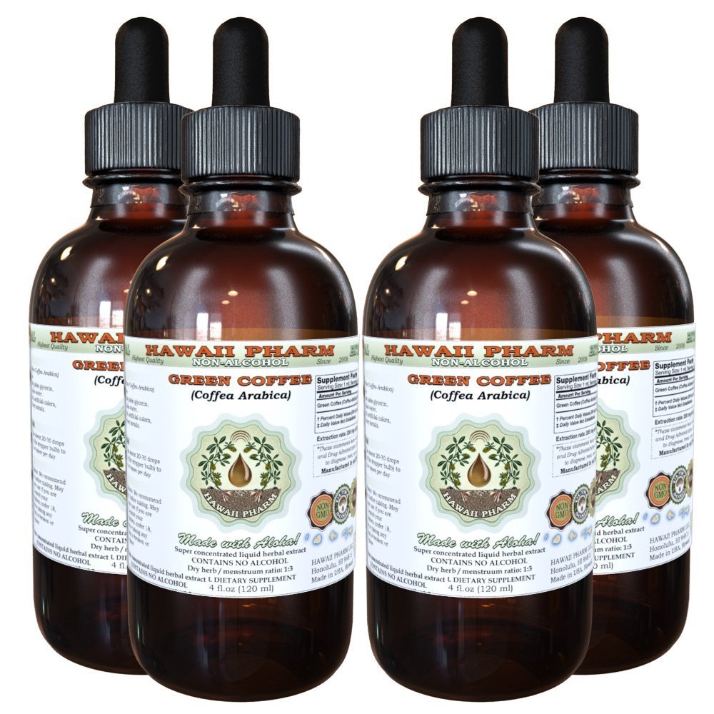 Hawaii Pharm Green Coffee Alcohol-Free Liquid Extract, Green Coffee (Coffea Arabica) Dried Bean Glycerite Natural Herbal Supplement 4x4 oz