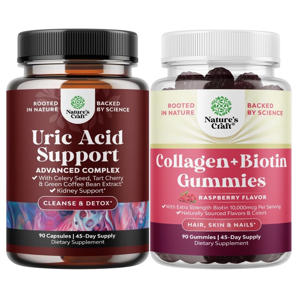 Bundle of Green Coffee Bean Extract for Uric Acid Cleanse & Detox with Turmeric, Tart Cherry & Celery Seed and Hair Skin and Nails Gummies for Women - Marine Collagen Biotin 10000mcg per Serving