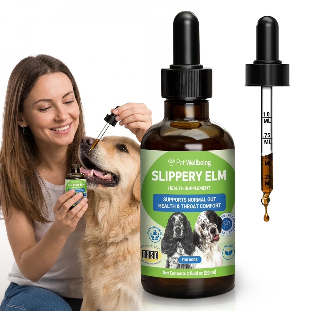 Pet Wellbeing Slippery Elm for Dogs - Gut Comfort & Throat Soothing, 2 oz | NASC Certified & Vet-Formulated Liquid Supplement with Organic Slippery Elm for Healthy Gut, Throat Tissue & Occasional Cough