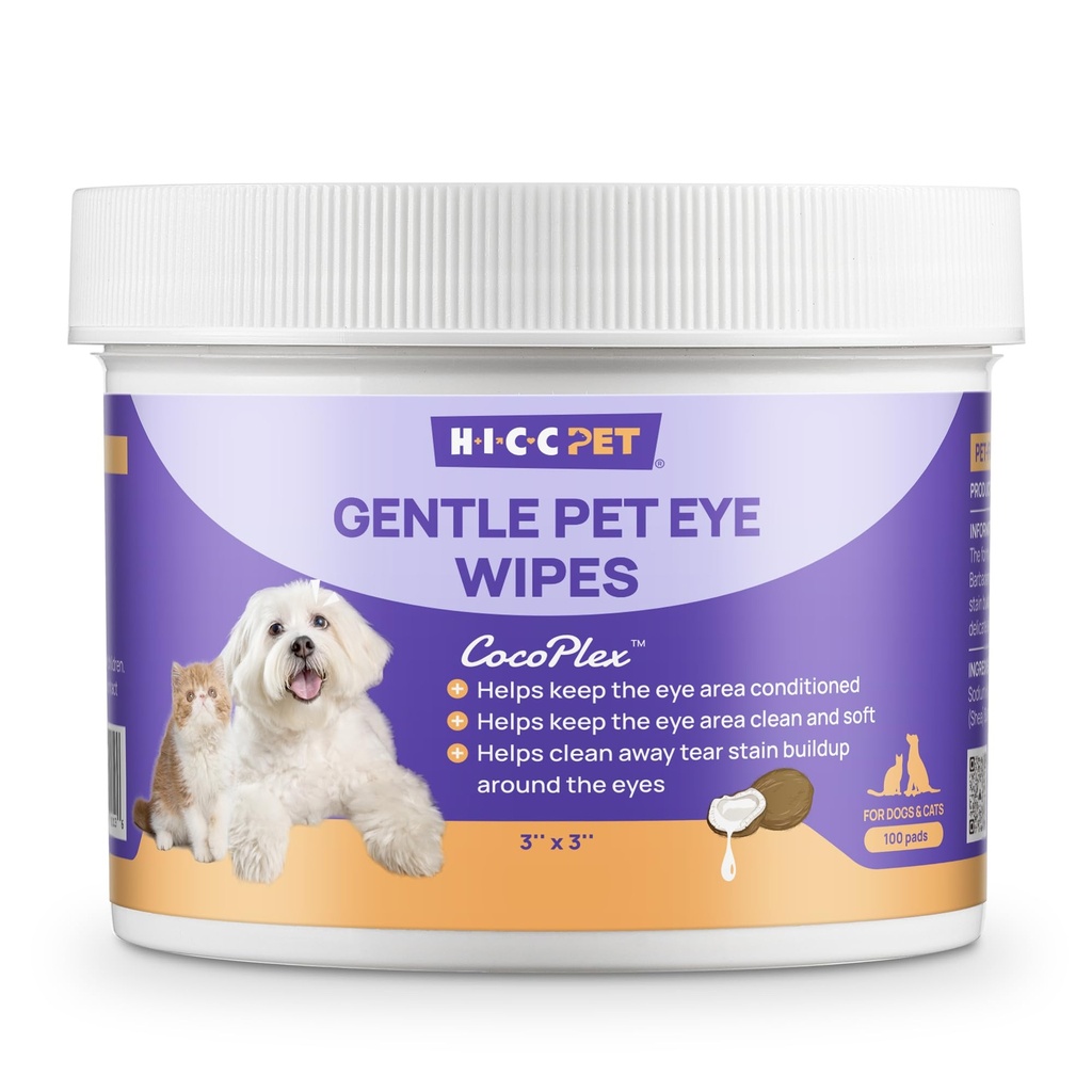 HICC PET Eye-Area & Face Wipes for Dogs & Cats, 100 Count | Textured wipes for routine external cleaning of visible tear residue, everyday dirt, face folds and wrinkles