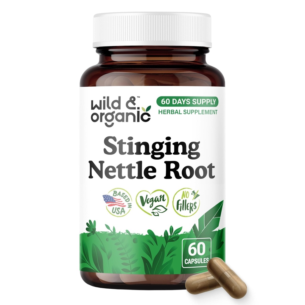 Wild & Organic Stinging Nettle Root Capsules - Urinary Support - 60 Count | Stinging Nettle Root Extract - Urinary Tract Support - 60 Days Supply - Gluten-Free, No Fillers