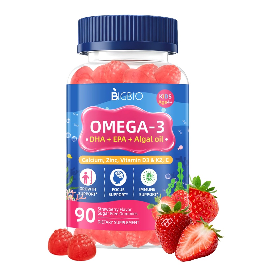 Omega 3 (EPA/DHA) Filled Gummies for Kids Teen with Multivitamin, Calcium + D3 + K2 + Zinc, Plus Vitamin A B1 B2 B12 C, Selenium, Iodine for Brain, Eye, Bone, Energy, No Fish Taste, Sugar Free