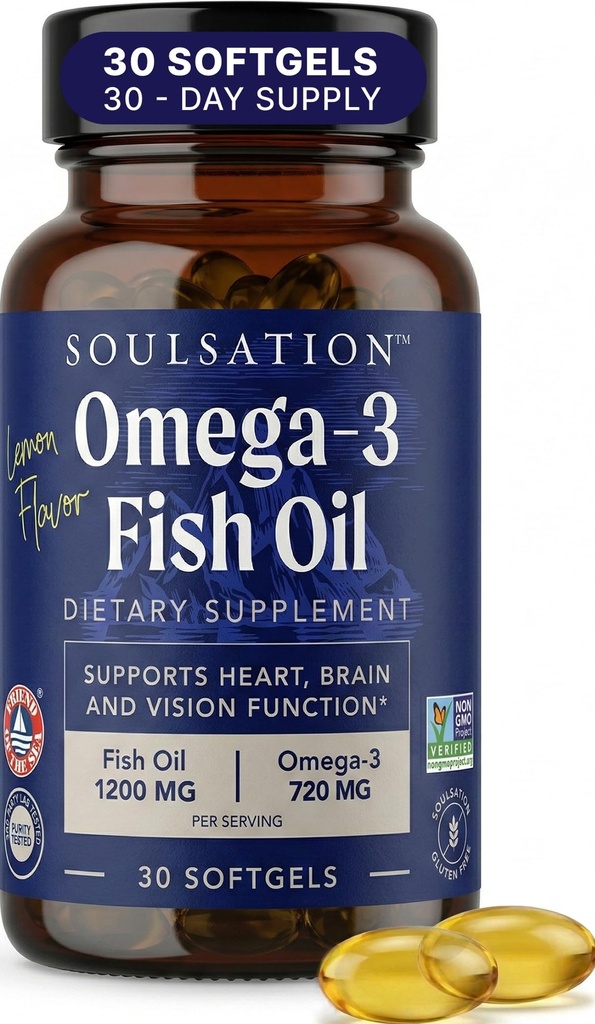 SOULSATION Fish Oil Softgels, Natural Lemon Flavor - 1200mg - Omega-3 Fatty Acids (EPA & DHA) Supports Heart, Brain, and Vision Function, Non-GMO, Gluten-Free - 30 Softgels for A 30-Day Supply