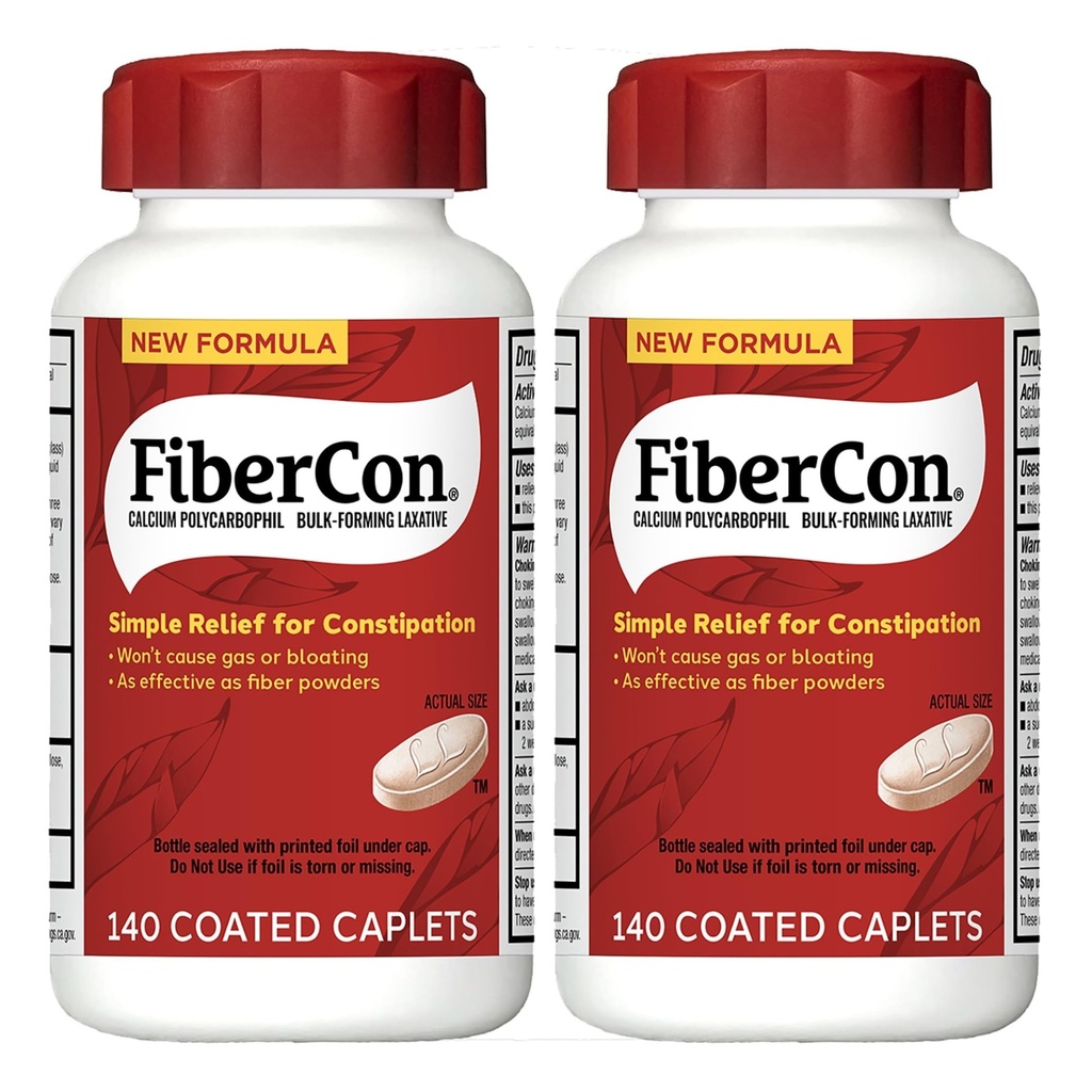 Fibercon, Constipation Relief, Fiber Therapy, 140 Coated Caplets, Pack of 2 | Works in as little as 12 hours, insoluble fiber for relief of occasional constipation & irregularity, no gas or bloating