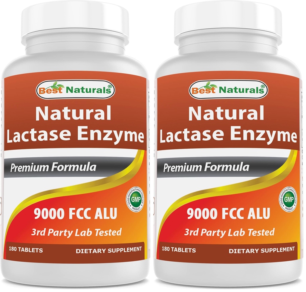 Best Naturals Lactose Intolerance Relief Tablets with Natural Lactase Enzyme, Fast Acting High Potency Lactase, 9000 FCC ALU, 180 Count (Pack of 2)