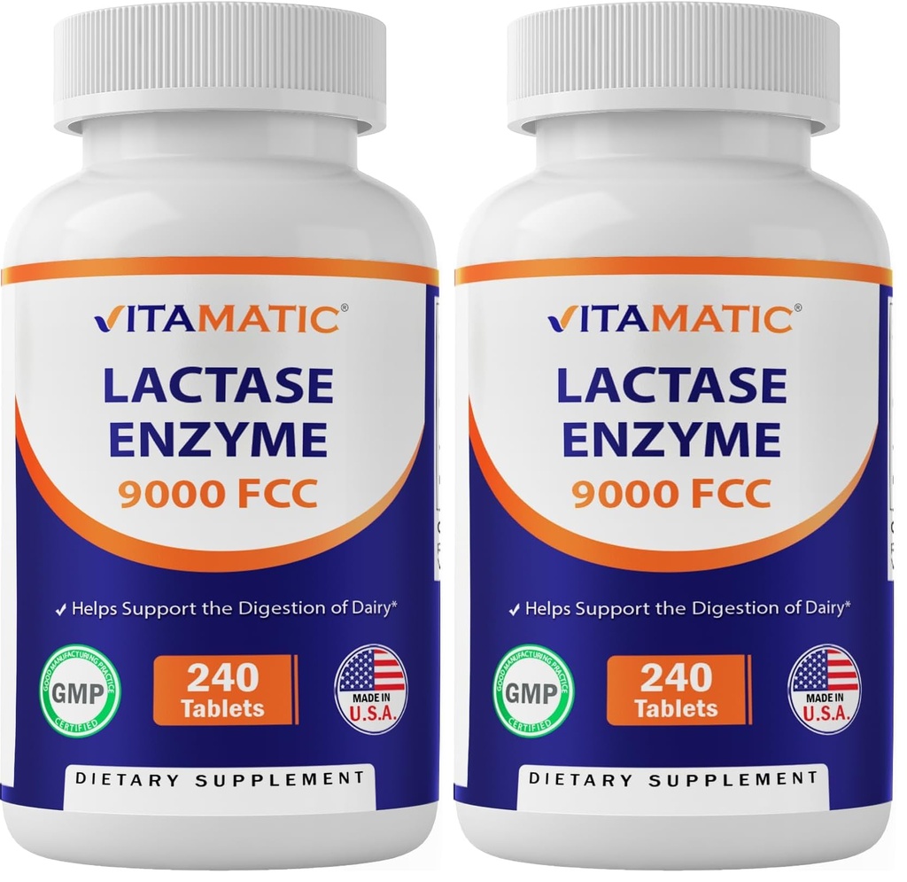 Vitamatic Lactase Enzyme 9000 FCC 240 Tablets - Lactose Intolerance Relief Caplets (Pack of 2)