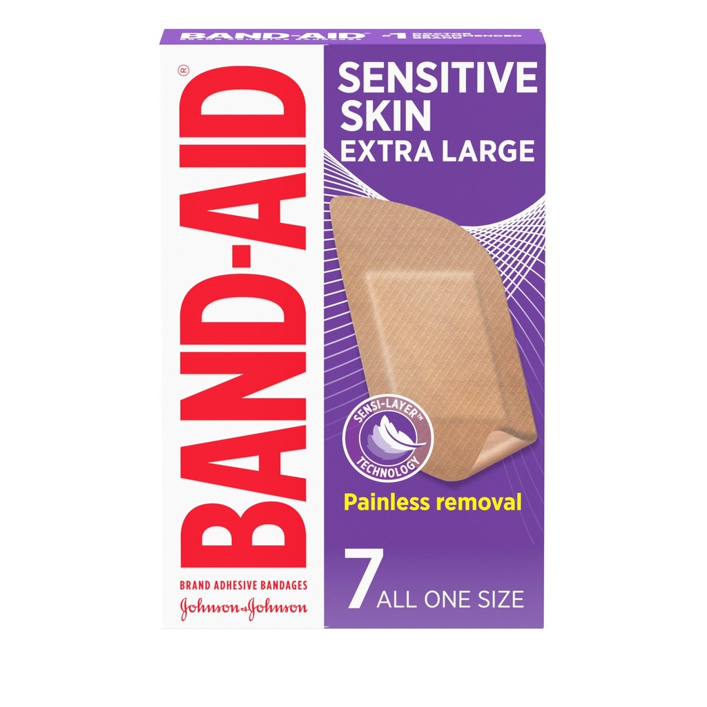 BAND-AID Brand Adhesive Bandages for Sensitive Skin, Extra Large, 7 Count | Hypoallergenic with Painless Removal, Sterile Wound Care for Minor Wounds, For First Aid Kits, Suitable on Eczema Prone Skin