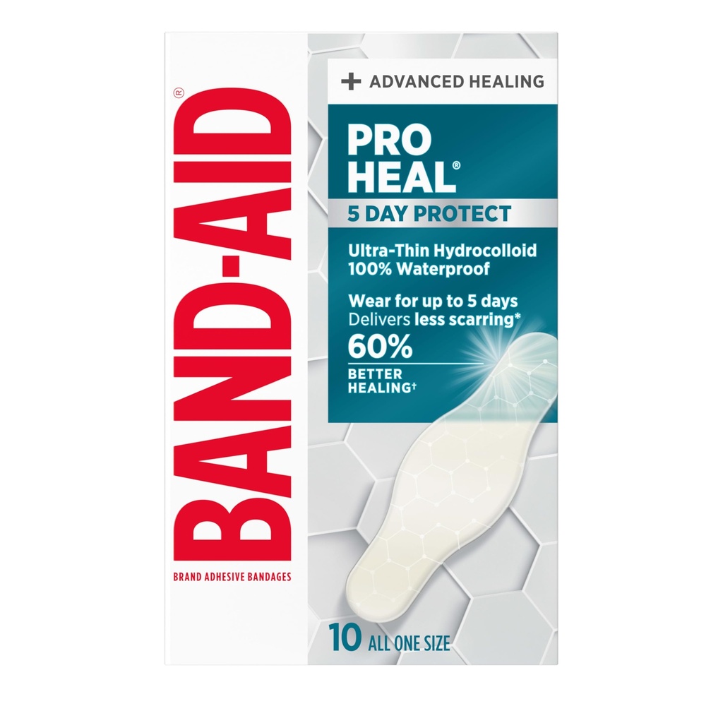 BAND-AID Brand Pro Heal 5 Day Protect Hydrocolloid Bandages, One Size, 10ct | Advanced Healing for Wound Care, 100% Waterproof Ultra-Thin Hydrocolloid First Aid Bandages, Less Scarring v. Uncovered Wound