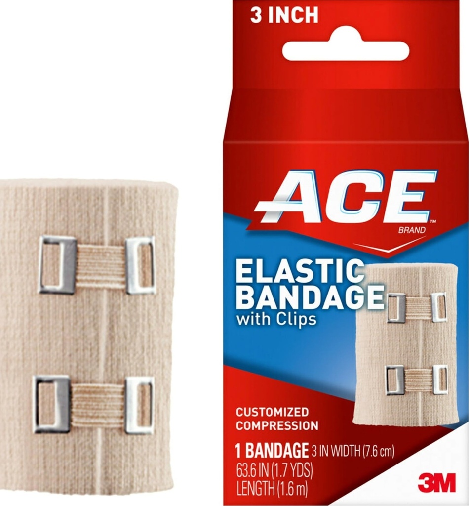 ACE 3 Inch Elastic Bandage with Clips, Beige, Great for Elbow, Ankle, Knee and More, Ideal for Sports, Comfortable design with soft feel, Wash and Reuse | Great for Elbow, Ankle, Knee, Ideal for Sports, Comfortable Design with Soft Feel, Wash and Reuse