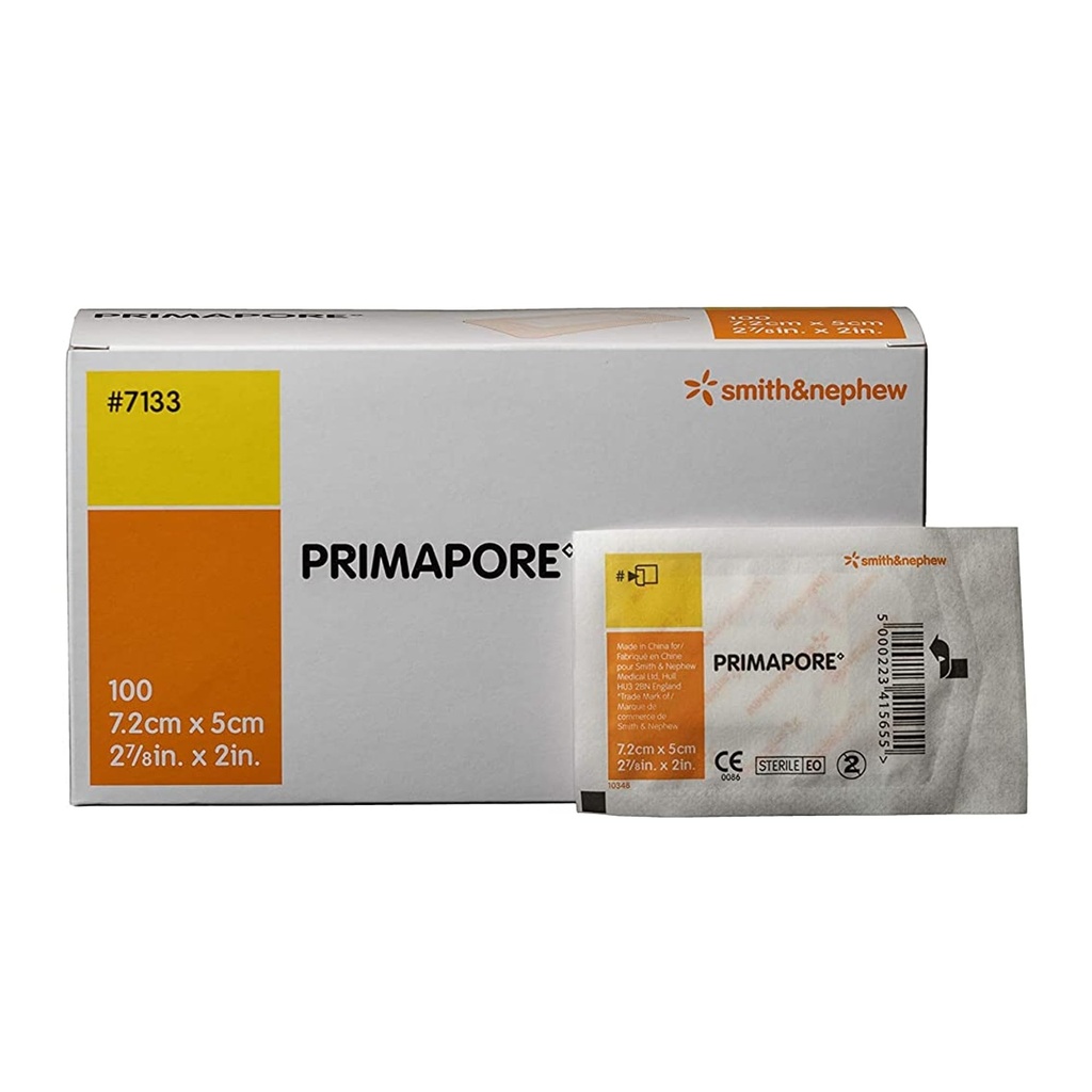 Smith & Nephew 7133 PRIMAPORE Peripheral IV Adhesive Dressing, Adhesive Non-Woven Island Dressing, Pack of 100