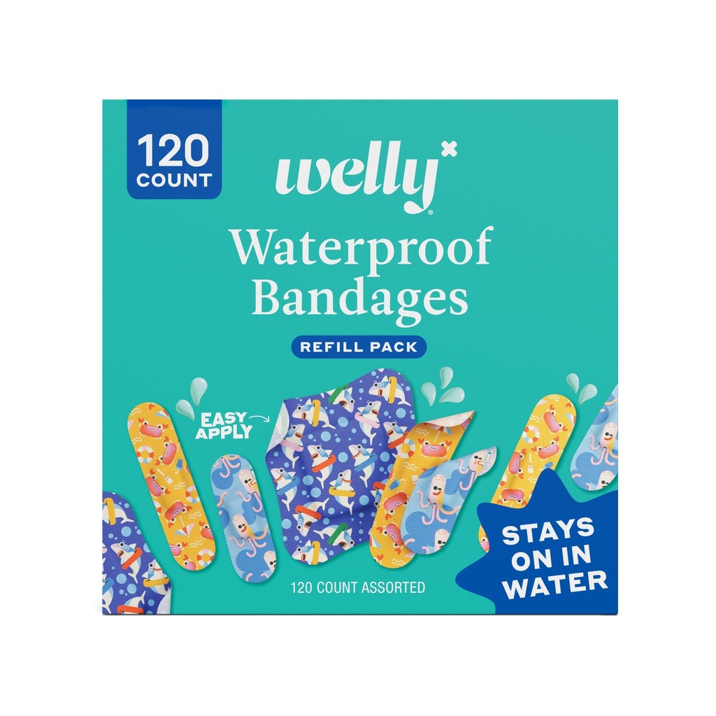 Welly Bandage Ocean Friends Refill Pack | Splashflex Adhesive Flexible Waterproof Bandages | Assorted Shapes and Patterns for Minor Cuts, Scrapes, and Wounds - 120 Count