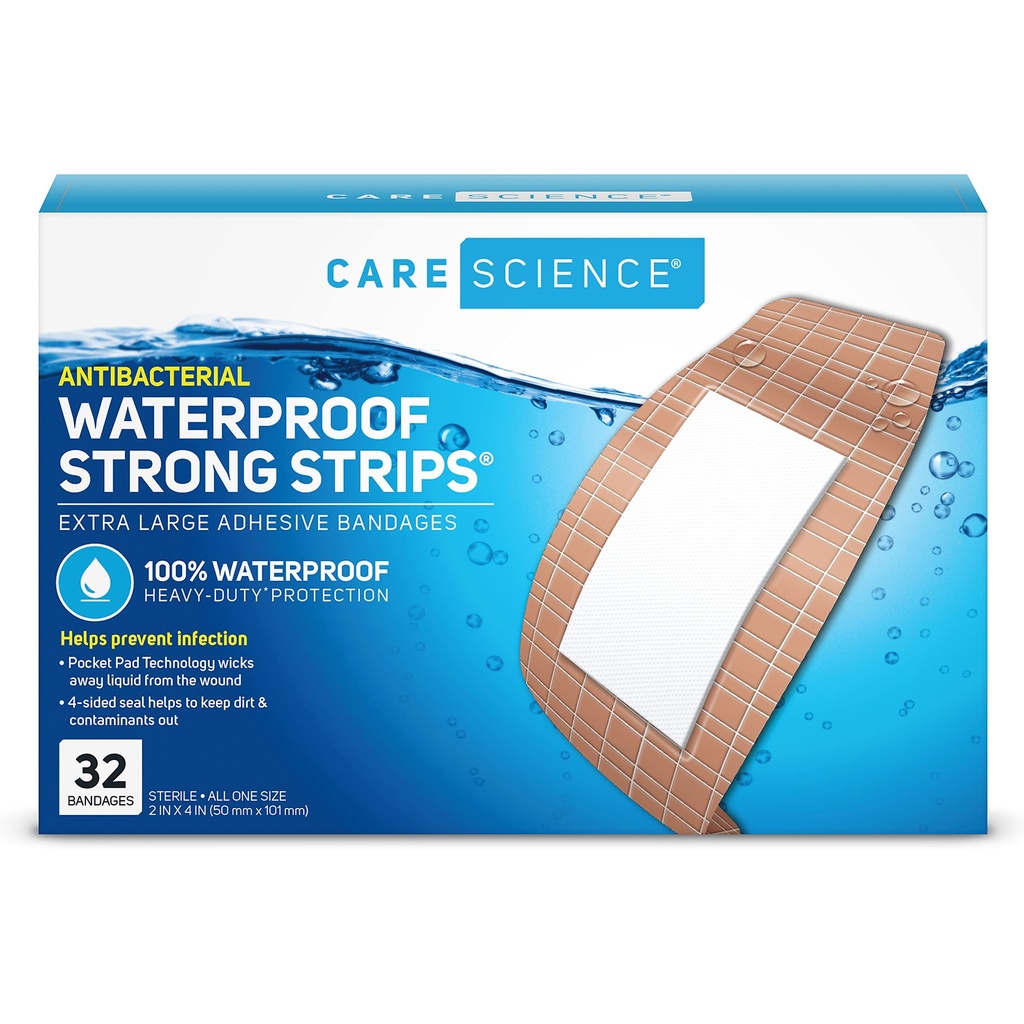 Care Science Waterproof Strong Strips Adhesive Bandages, Extra Large, 32ct | 100% Waterproof and Heavy-Duty Protection for First Aid and Wound Care. Great for Arms, Legs, Knees, & Elbows
