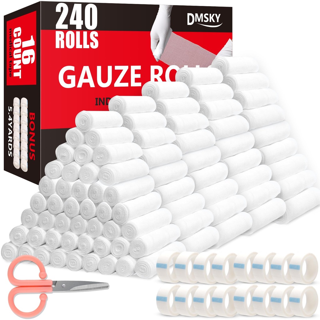 DMSKY 240 Pack Gauze Rolls, 4 in x 4.1 Yards | Individually Wrapped Gauze Wrap Roll for Wounds, Premium Rolled Gauze Bandage Wrap, Mummy Wraps