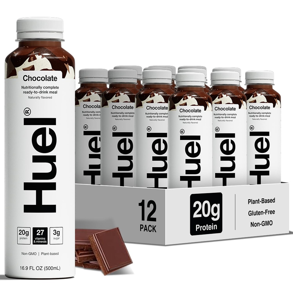 Huel Ready-to-Drink | Meal Replacement Shake| 20g High Protein Drink | Chocolate (16.9 Fl Oz - 12 Pack) Nutritionally Complete, Low Sugar (2g), High Fiber (7g), Plant Based, Vegan, Healthy
