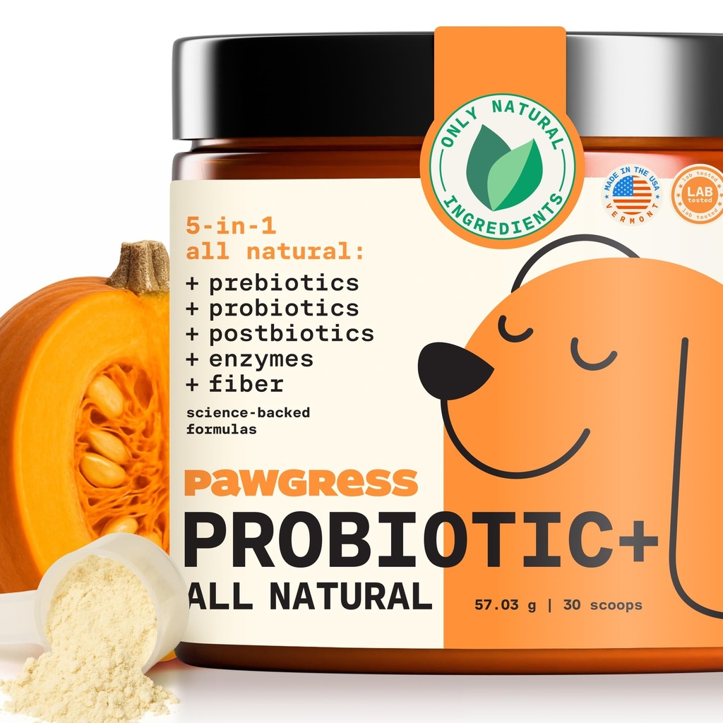 5-in-1 Dog Probiotic Powder – 100% Natural Gut Health Support with Prebiotics, Postbiotics & Enzymes - Made in USA – 30 Scoops
