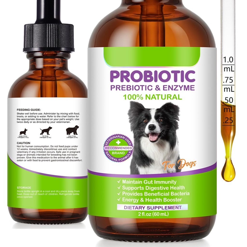 Dog Probiotic Drops, 3 in 1 Probiotic Supplement for Dogs with Natural Ingredients Supports Dog Digestive, Skin Coat & Immune Health, Daily Gut Support, Dogs Liquid Probiotic Supplement - 2 fl oz