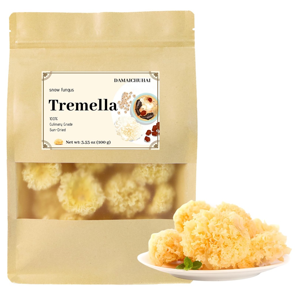 DAMAICHUHAI 100g Premium Snow Fungus,Tremella Mushroom,Dried Whole White Fungus,Tremella for Cooking Asian Soup Chinese Dessert