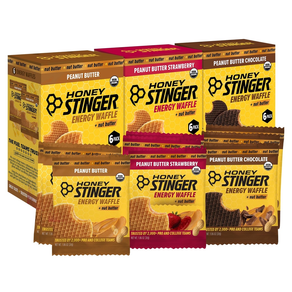 Honey Stinger Organic Peanut Butter Energy Waffle Variety Pack of 18, 6 Pack Each of Peanut Butter, PB Chocolate and PB Strawberry, Nutritious Stroopwafel Snack for Exercise, Endurance and Performance