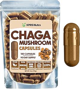 XPRS Nutra Chaga Mushroom Capsules - Premium USDA Chaga Mushrooms Capsules- Encapsulated Chaga Mushroom Powder for an Immunity Boost - Vegan Friendly Superfood for Chaga Tea and Beverages - 180 Count