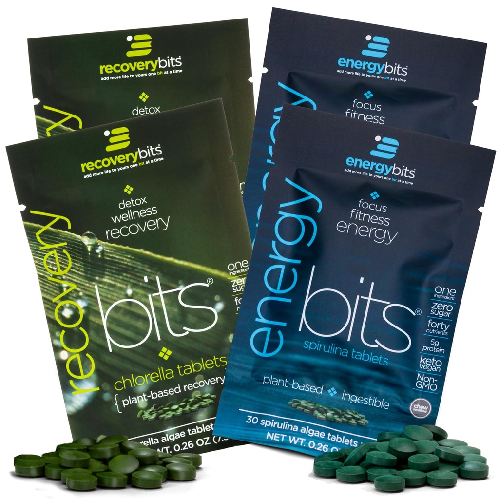 Energybits/RECOVERYbits - Βιολογικά δισκία Spirulina & Chlorella - Μονές συσκευασίες δειγμάτων σερβιρίσματος - Algae Superfood - Υψηλή πρωτεΐνη, Χλωροφύλλη - Αυτο φροντίδα - Vegan, Keto, Χωρίς γλουτένη - 4 τσάντες, 30/Bag
