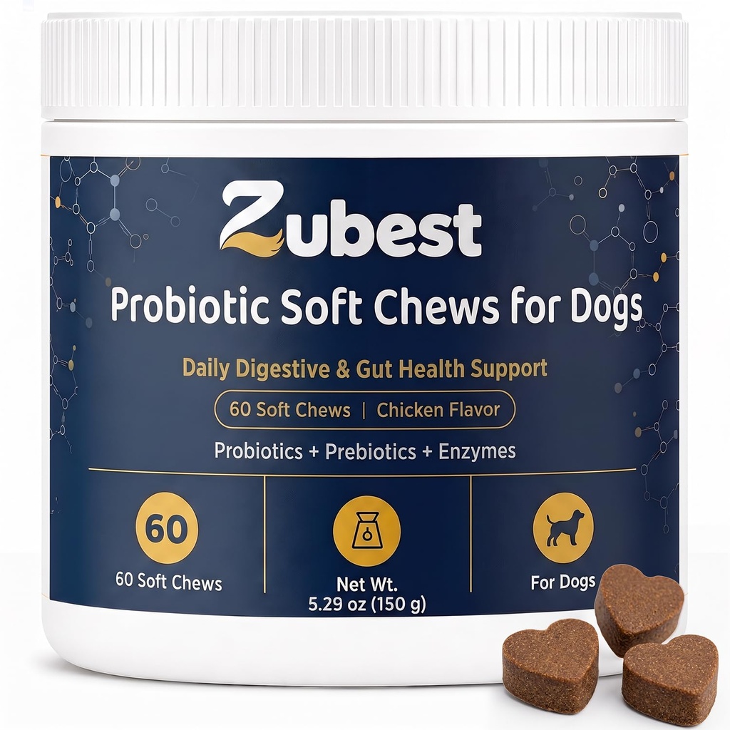 Zubest Probiotics for Dogs Soft Chews, 3 Billion CFU, Prebiotics, 60 Chews | Dog probiotic soft chews for digestive and gut health; 3B CFU, prebiotics, enzymes, pumpkin, yeast postbiotic, 60 chews.
