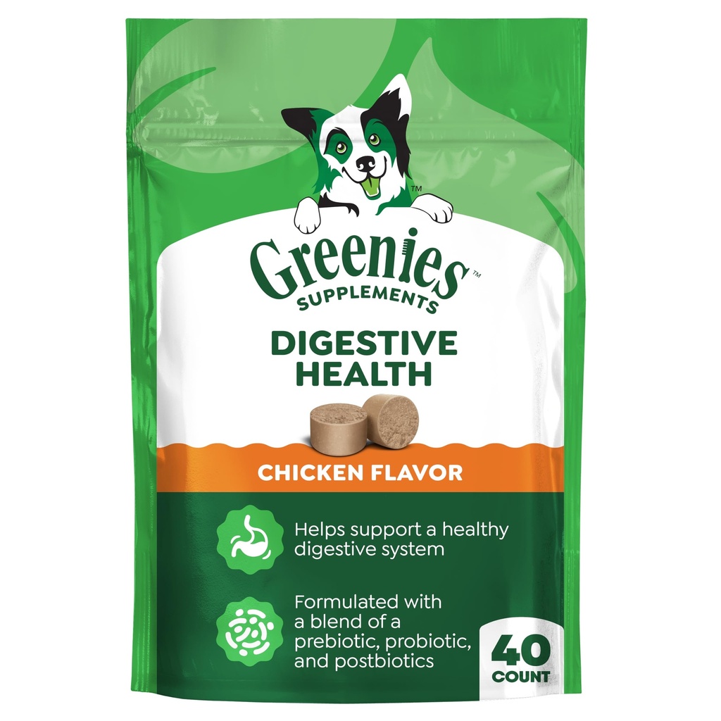 Greenies Supplements Digestive Health Soft Dog Chews, Chicken, 40 Count | Biotic Blend: pre-, pro- & postbiotic, millions of live probiotics, supports stool quality & immune health