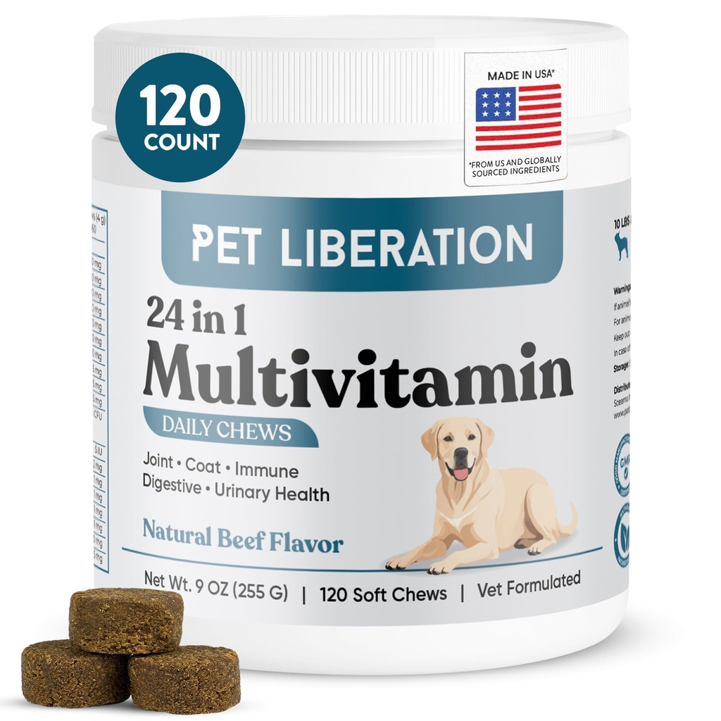 24-in-1 Daily Multivitamin for Dogs – 120 Soft Chews – Hip & Joint Support, Probiotics, Salmon Oil, Cranberry for Urinary Health, Skin & Coat, Immune Support – for All Breeds & Ages