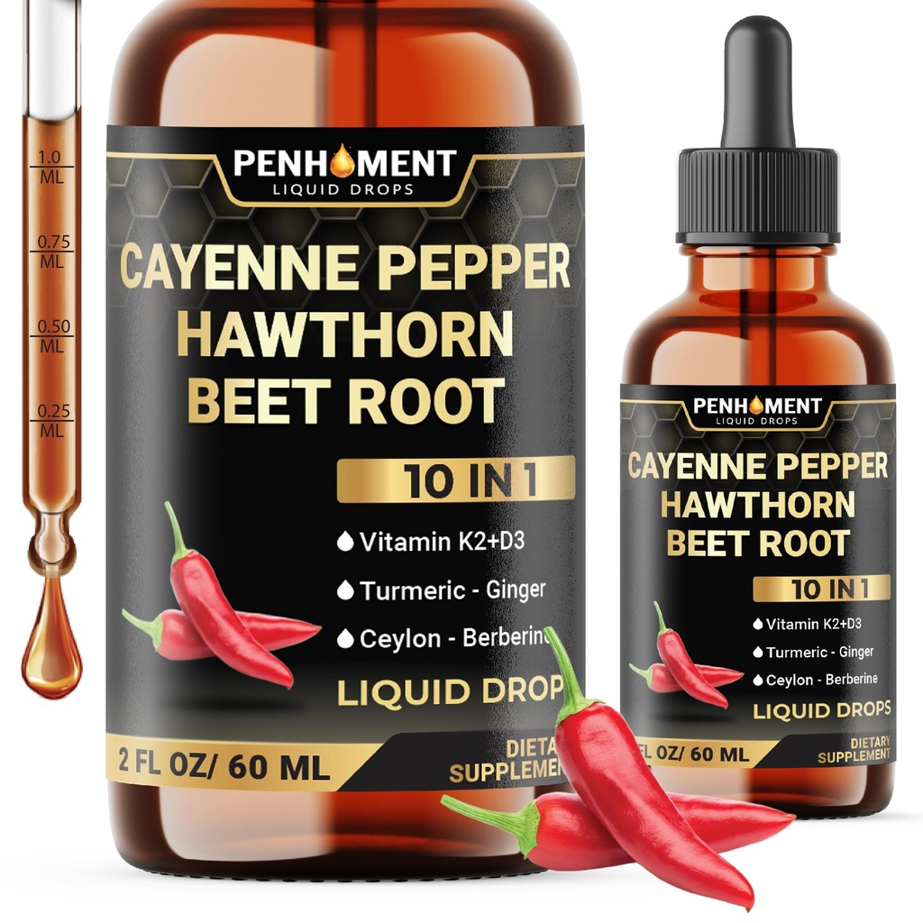 10in1 Cayenne Pepper Liquid Drops + Hawthorn Berry, Beet Root, Turmeric, Ginger and More - 2 Fl Oz - 2 Months Supply
