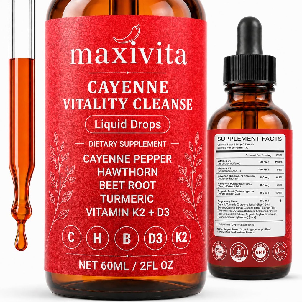 Cayenne Pepper Drops with Hawthorn, Beet Root, Turmeric, Vitamin D3 & K2, Panax Ginseng, Berberine & Ceylon Cinnamon, Liquid Dietary Supplement, 2 Fl Oz, 30 Servings