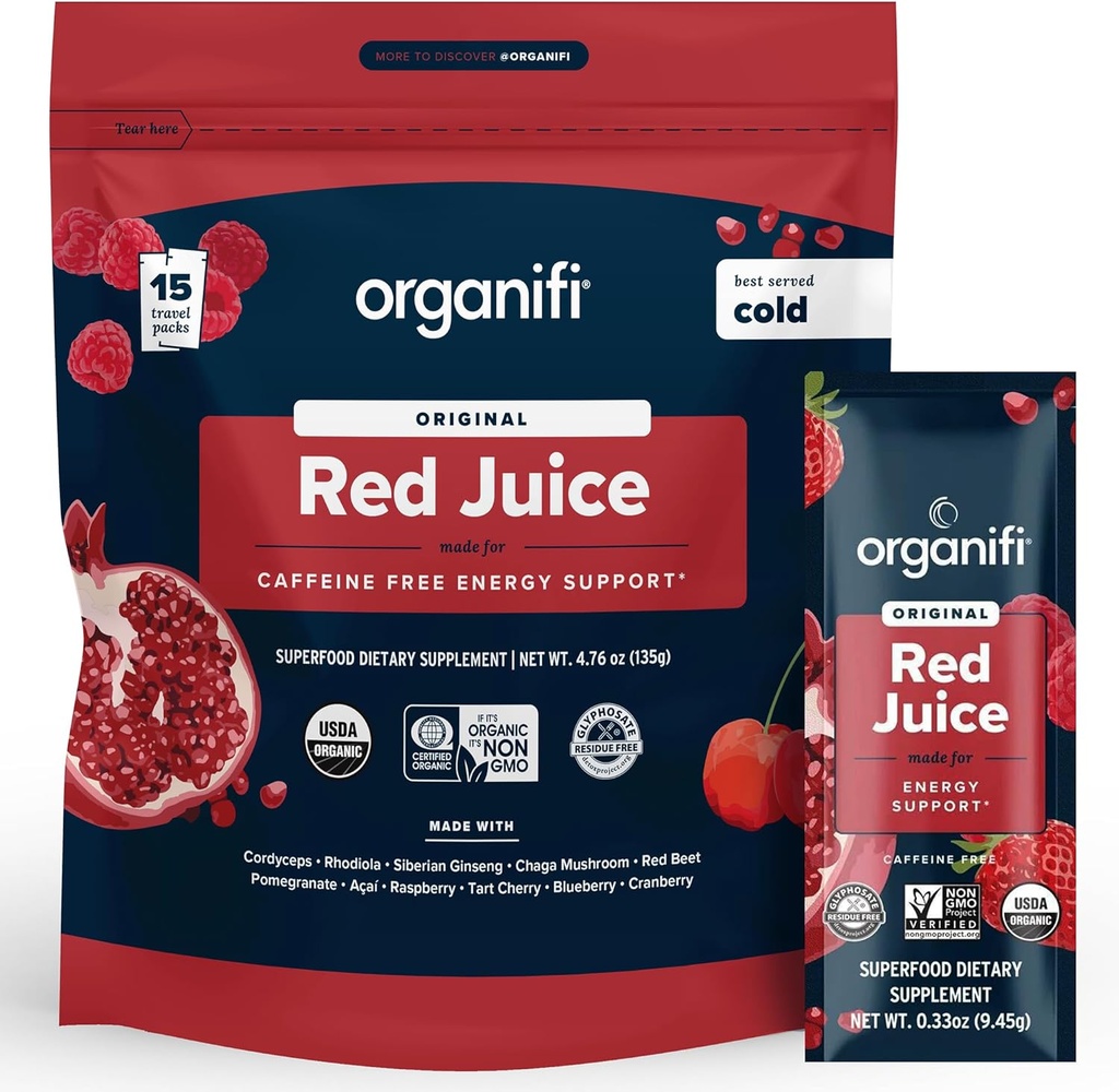 Organifi Red Juice - Energy Powder Μειώνει τα απογευματινά χτυπήματα και ενισχύει την πέψη και το ανοσοποιητικό σύστημα, 15 Go Packets