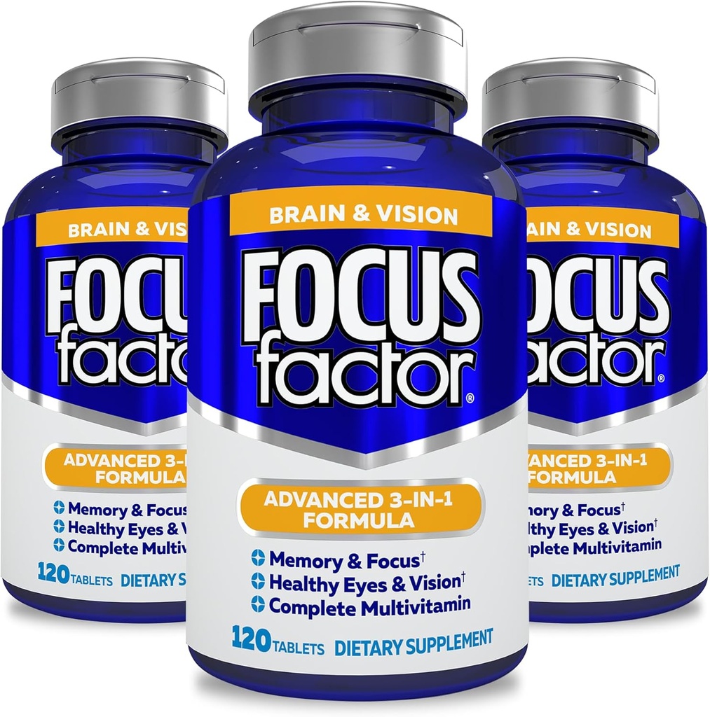 Focus Factor Adults Brain and Vision Supplement, 120 Count- Eye Vitamin, Mineral Supplement, Complete Multivitamin with Lutein & Zeaxanthin – Brain Supplement for Focus, Concentration, Memory (3 Pk)