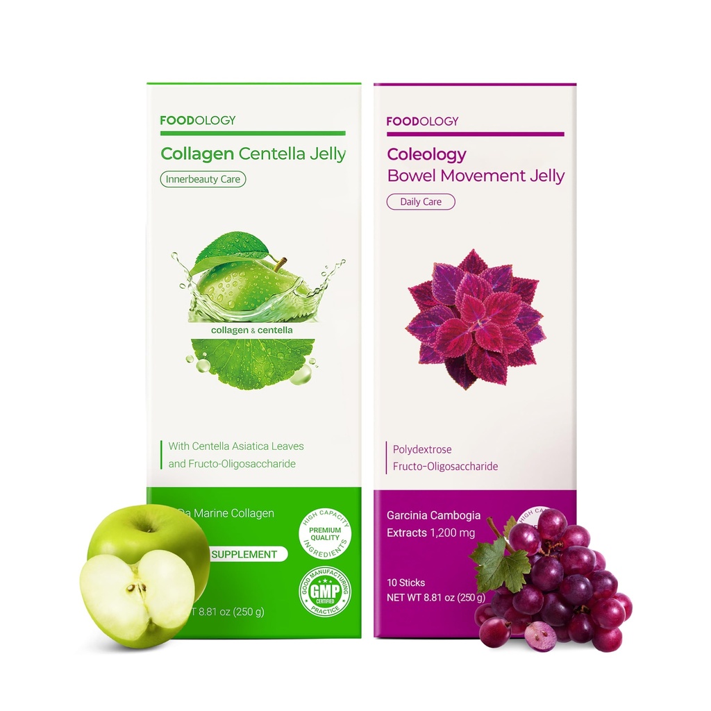 FOODOLOGY Bowel Movement Jelly & Collagen Jelly Set, Dietary Fiber Supplement, for Boosting Metabolism Gut Heath and Skin Hydration, Collagen, Centella Asiatica, Garcinia Cambogia