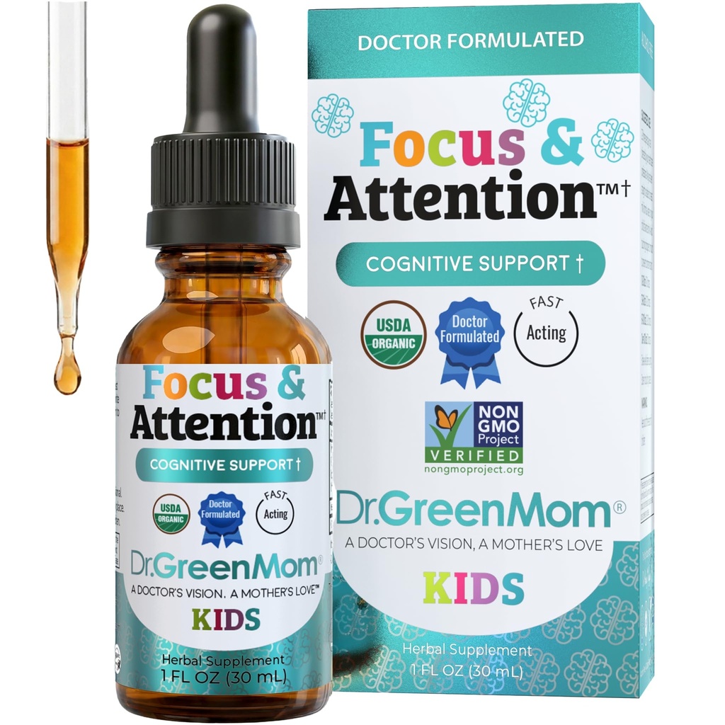 Focus & Attention Kids, Organic Herbal Focus Drops, 1 Fl Oz | Cognitive, Memory & Calm Support — Ginkgo Biloba, Gotu Kola, Lemon Balm, Rhodiola — USDA Organic, Non-GMO, Vegan, No Sugar