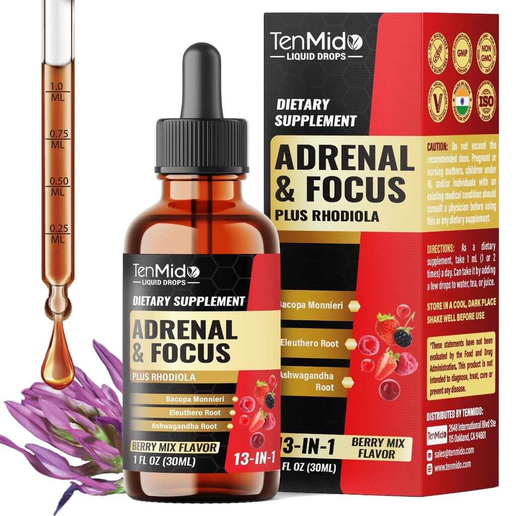13in1 Adrenal & Focus Support Supplements Liquid Drops with Astragalus, Wood Betony, Rhodiola, Ashwagandha, Bacopa, Eleuthero, Gotu Kola, Holy Basil, and More - 30 Days Supply - 1FL Oz