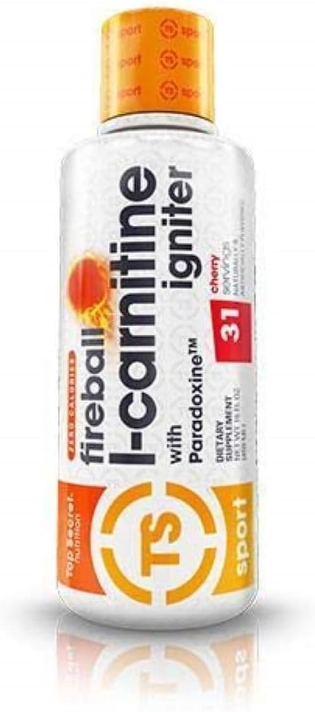 Top Secret Nutrition Fireball Liquid L-Carnitine with Paradoxine | Stim Free | Weight Management, Energy, & Exercise Performance | 16 Ounces, 21 Servings (Cherry)