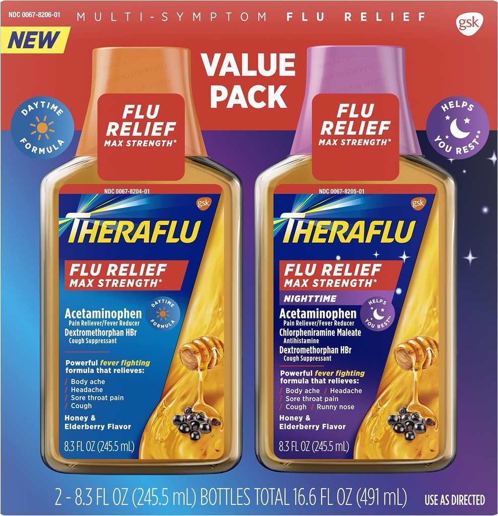 Theraflu Max Strength Daytime Flu Symptom Relief - 8.3 fl oz Plus Max Strength Nighttime Flu Medicine for-Flu Symptom Relief - 8.3 fl oz, (Pack of 12)