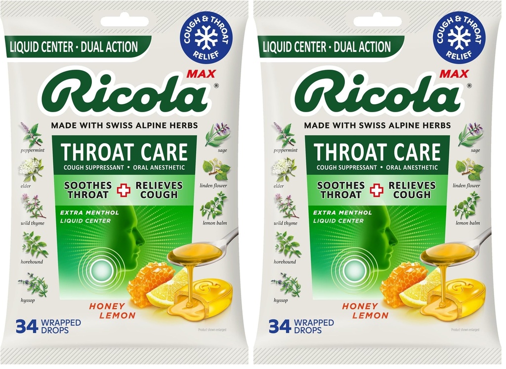 Ricola Max Honey Lemon Throat Care Large Bag | Cough Suppressant Drops | Dual Action Liquid Center | Soothing Long-Lasting Relief - 34 Count (Pack of 2)