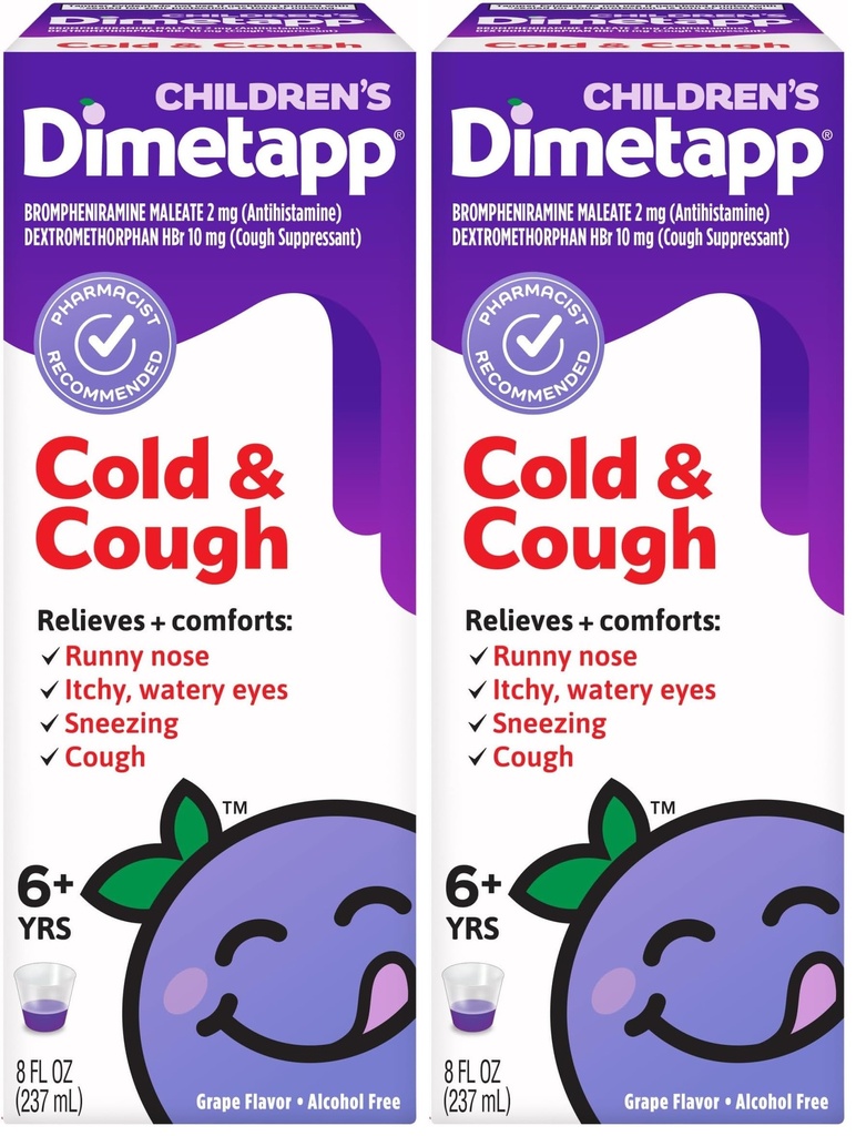 Dimetapp Children’s Cold & Cough Medicine, Antihistamine, Runny Nose, Sneezing, Itchy, Watery Eyes, Grape Flavor, Alcohol & Phenylephrine-Free, 8 Fl Oz (Pack of 2)