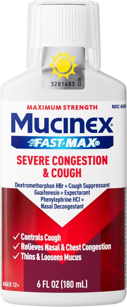 Mucinex Fast-Max Severe Congestion & Cough Medicine,Maximum Strength Symptom Relief,Over-The-Counter Medication,Cold Medicine,Cough Suppressant,Expectorant,Nasal Decongestant,6 FL OZ (Pack of 6)