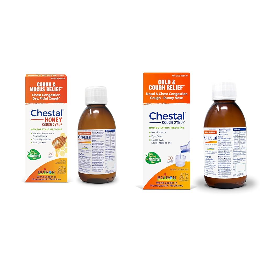 Boiron Chestal Honey Adult Cold and Cough Syrup for Nasal and Chest Congestion, Runny Nose, and Sore Throat Relief - 6.7 Fl oz & Chestal Adult Cold and Cough Syrup for Nasal and Chest Congestion