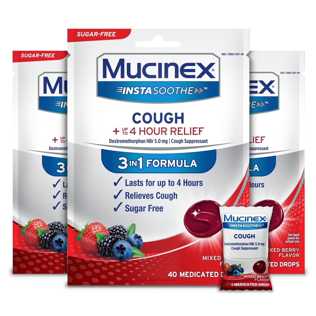 Mucinex Instasoothe Sugar Free Cough-Drops, Cough Medicine for Adults with Dextromethorphan HBr, Non Menthol, Cough Suppressant Lozenges, Mixed Berry Medicated Cough-Drops, 40ct (Pack of 3)