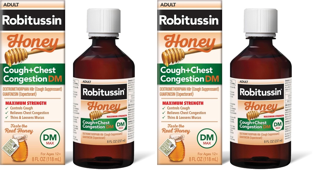 Robitussin Honey DM Max Cough Plus Chest Congestion,Adult Formula - 8 Fl Oz.,(Pack of 2)
