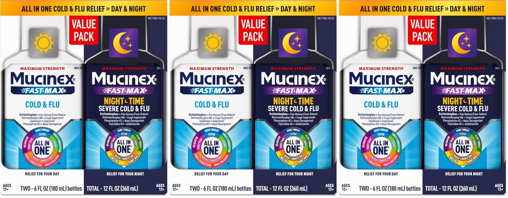Mucinex Fast-Max Cold and Flu & Nightshift Medicine for Adults, Over-The-Counter Medication Combo Pack for Sore Throat Relief, Decongestant, Cough & Cold Medicine (2 x 6 Fl Oz) (Pack of 3)